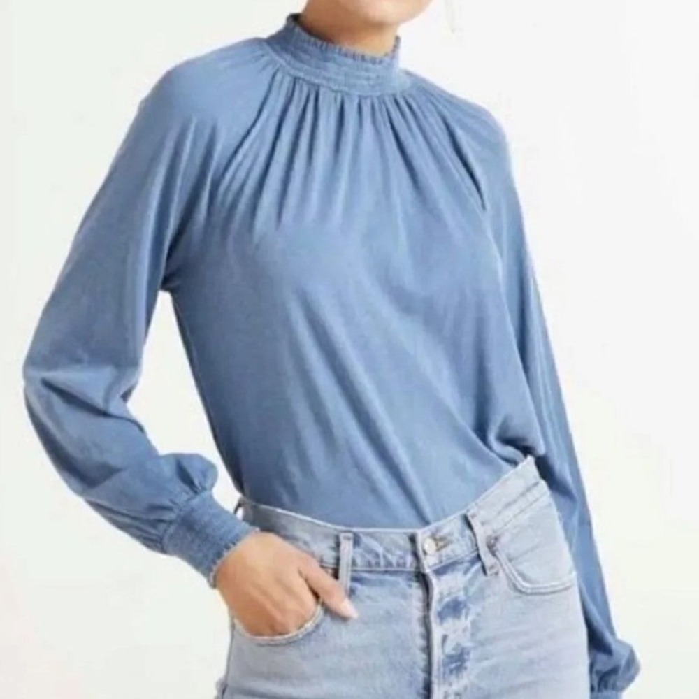 Sundry For Evereve Women Mock Neck Top 1 Small Smocked Blue Pima Cotton Boho USA